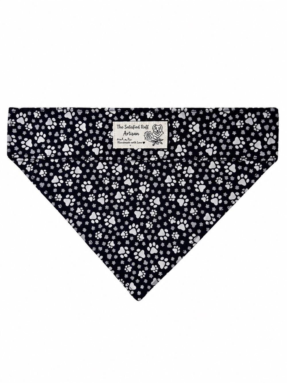 Black Dog Cat Bandana with White Paw and Hearts Print Design Medium Cotton NEW